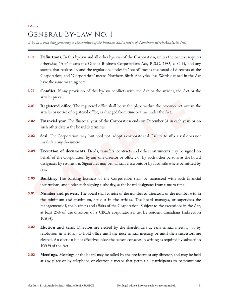 Sample General By-law No. 1 page