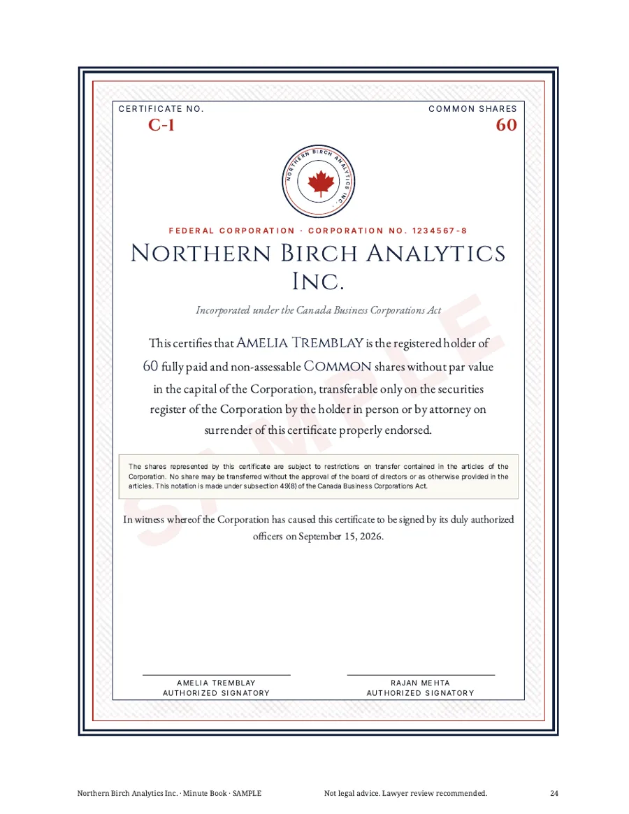 Sample no-par share certificate