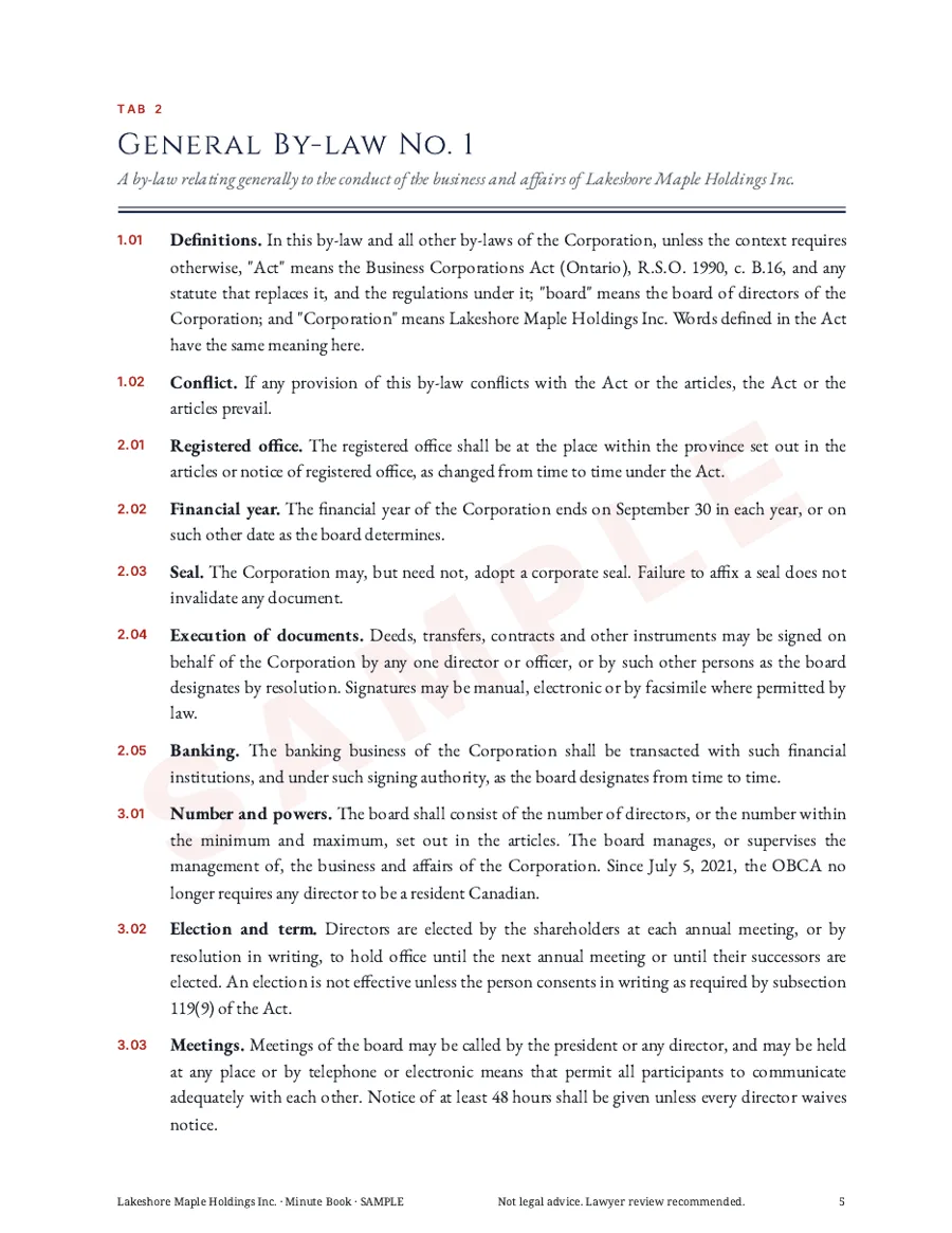 Ontario OBCA Minute Book sample by-law