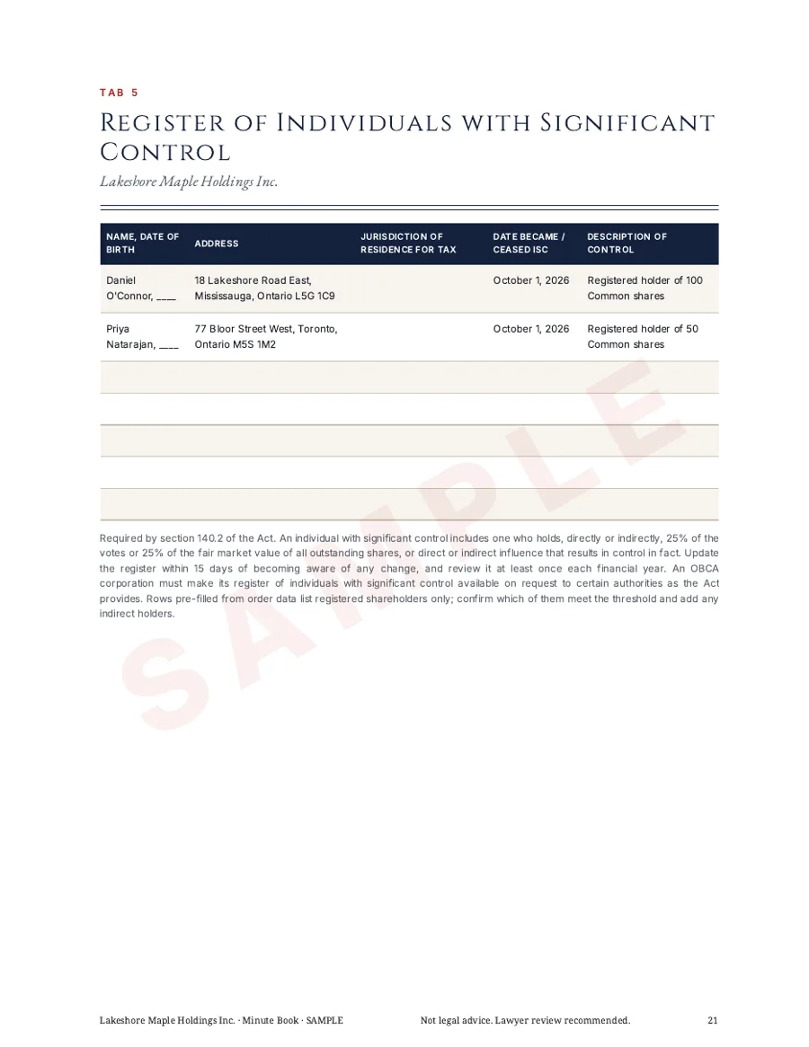 Ontario OBCA Minute Book sample ISC register