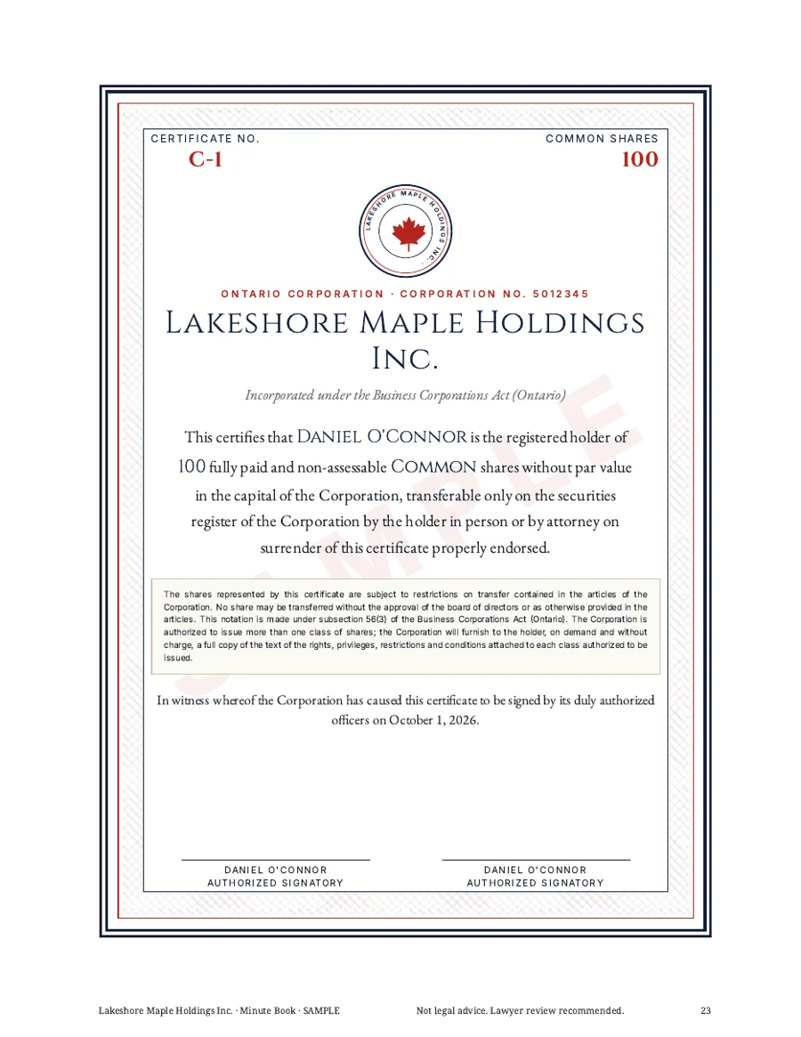 Ontario OBCA Minute Book sample share certificate